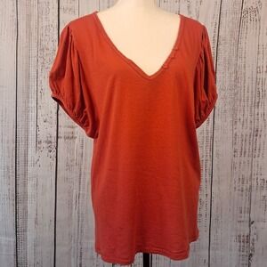 SUNDANCE L Henley Tee Top Burnt Orange Short Puff Sleeve V Neck Cotton Knit Boho